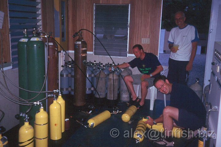 Bikini-Compressor Room.jpg - Filling up for the next days diving. We used O2 and Trimix which we pumped into the rebreather cylinders using the  Jetsam baby booster 